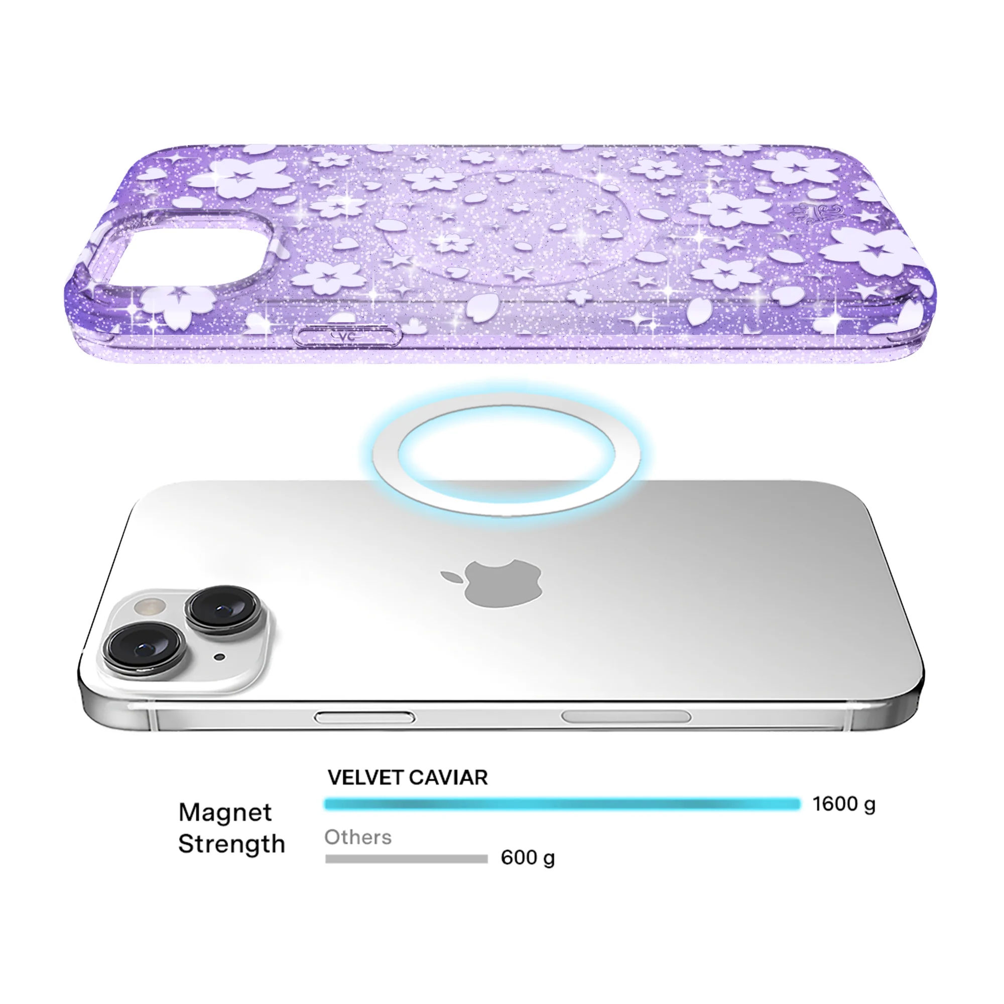 Lavender Cherry Blossom Glitter iPhone Case - Image 4