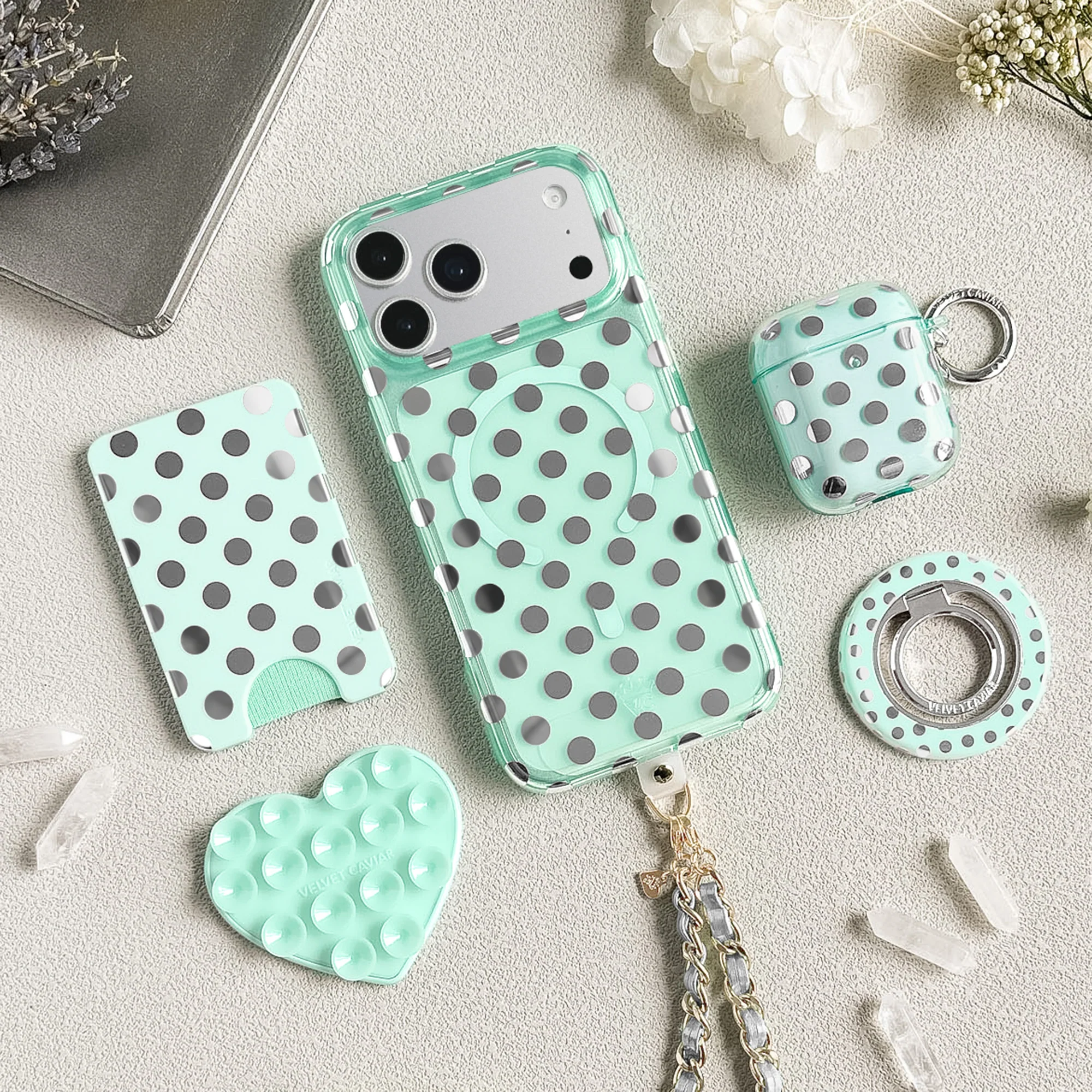Mint Chrome Polka Dot AirPod Case - Image 18