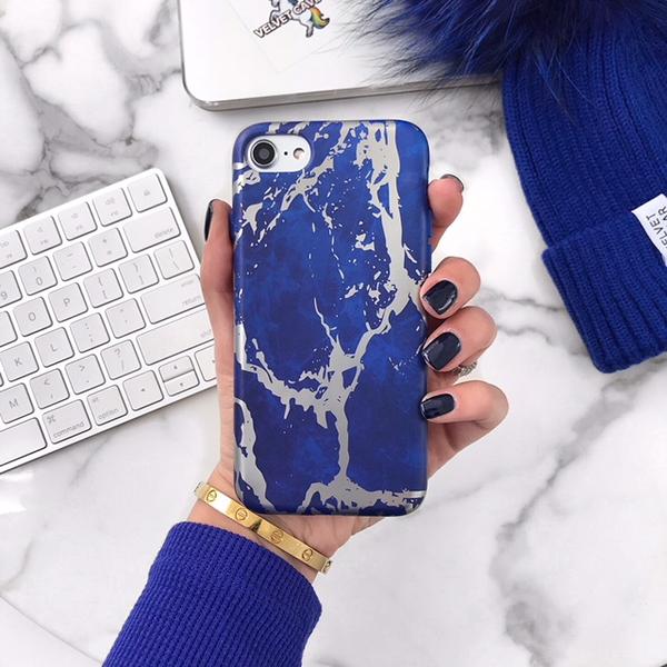 Navy Blue Marble Silver Chrome iPhone Case - Image 2