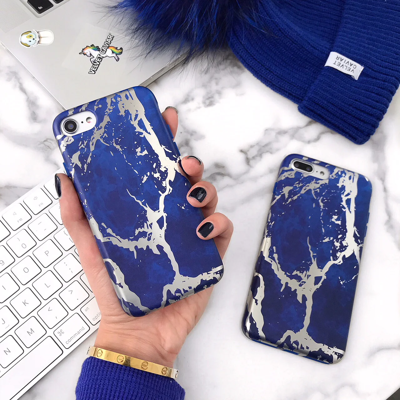Navy Blue Marble Silver Chrome iPhone Case - Image 36